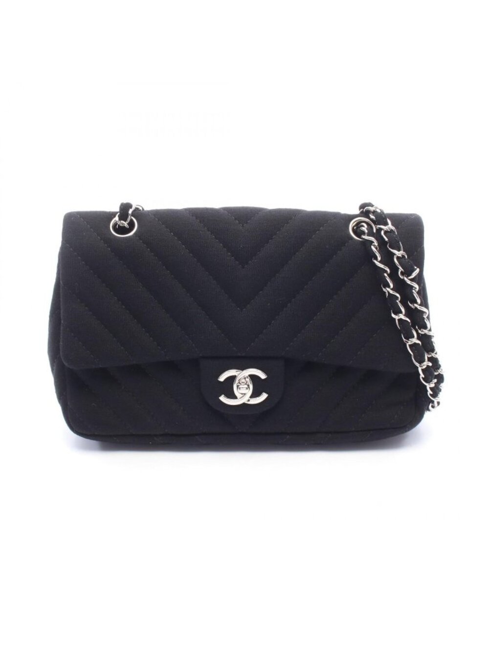 Chanel Shoulder Bag Chevron V-stitch Black Fabric Chain